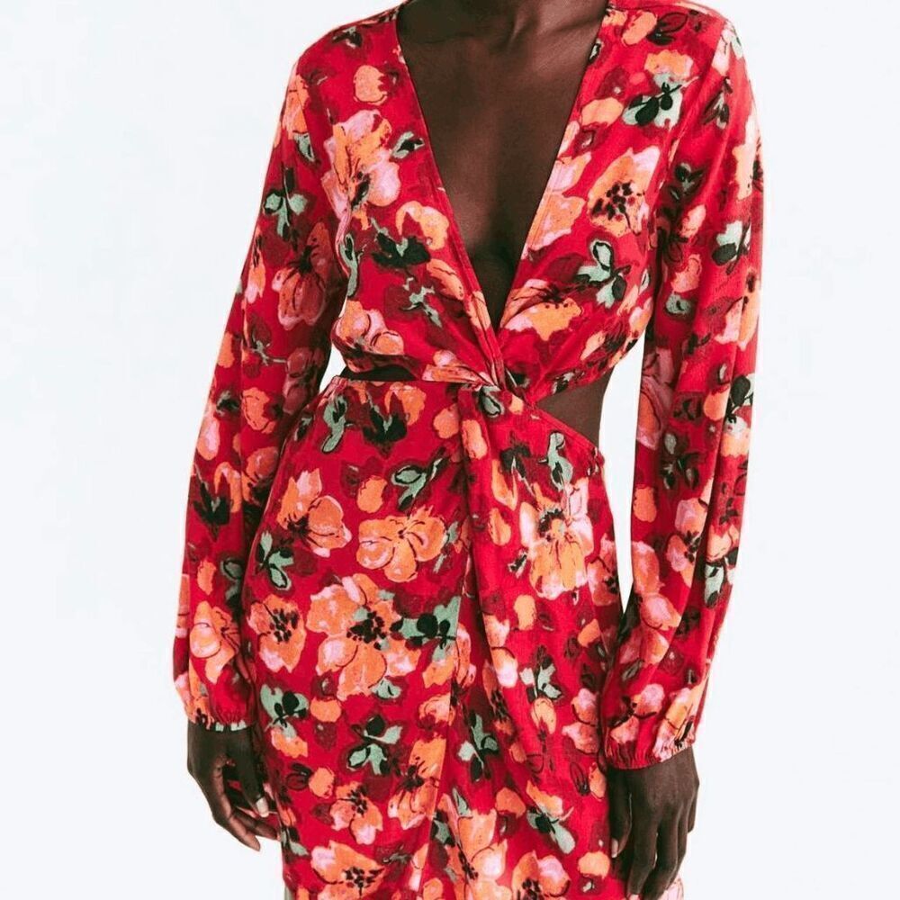 H&M Women's Knot Detail Cut-Out Dress in Red Floral size Large US